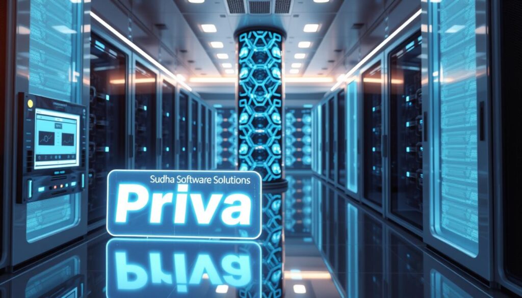 3D-rendered image of a futuristic server room with cutting-edge security features. Prominent in the foreground is a holographic display showcasing the "Sudha Software Solutions Priva" brand logo, surrounded by sleek, high-tech security panels and biometric scanners. The middle ground features a network of interconnected servers and data storage units, all bathed in a cool, blue-tinted lighting. In the background, a towering data tower stands tall, its exterior covered in an intricate lattice of glowing circuits and sensors. Subtle reflections on the glossy surfaces create a sense of depth and dimension. The overall atmosphere is one of advanced, impenetrable security, designed to protect mission-critical data and applications.