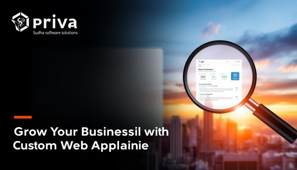 A sleek, modern search engine optimization dashboard, featuring the Sudha Software Solutions Priva brand. In the foreground, a magnifying glass hovers over a clean, minimalist interface with intuitive controls and data visualizations. The middle ground showcases a responsive web page, optimized for search engine visibility, while the background depicts a cityscape with skyscrapers and a vibrant sunset. Soft, directional lighting creates a sense of depth and professionalism. The overall scene conveys the power of strategic SEO to elevate a business's online presence, complementing the "Grow Your Business with Custom Web Application" article theme.