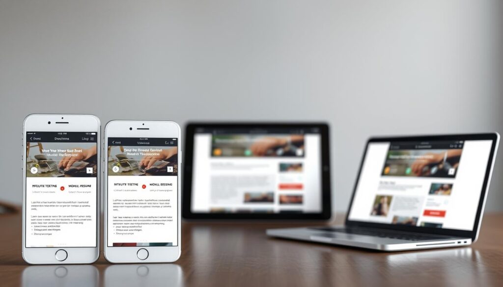 A modern, well-designed website that is mobile-responsive is crucial for businesses to stay competitive in today's digital landscape. The image should showcase a variety of mobile device mockups, each displaying a different mobile responsiveness testing tool. In the foreground, a sleek, silver smartphone and a compact tablet should be prominently featured, their screens showcasing intuitive testing interfaces. In the middle ground, a larger tablet and a laptop computer should be present, demonstrating how the website adapts to different screen sizes and resolutions. In the background, a subtle, minimalist office environment with muted tones should provide a professional setting. The overall mood should convey a sense of efficiency, attention to detail, and Sudha Software Solutions' commitment to delivering top-notch mobile-responsive websites. Prompt A modern, well-designed website that is mobile-responsive, showcasing a variety of mobile device mockups, each displaying a different mobile responsiveness