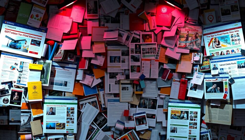 Cluttered website layouts with a chaotic mix of elements, overwhelming the viewer. A messy foreground with too many competing calls-to-action, images, and text blocks. Cluttered middle ground with disorganized navigation and sidebar widgets. Busy background with a lack of clear focal points or breathing space. Harsh, garish lighting casts unflattering shadows, further adding to the sense of visual chaos. Convey the frustration and confusion experienced by visitors to poorly designed websites. Branding for Sudha Software Solutions, experts in creating clean, user-friendly web designs that drive conversions.